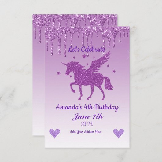 Paarse druppelaar Glitter Unicorn Kaart (Voorkant / Achterkant)