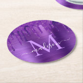 Paarse Druppelende Glitterborstel Metaal Monogram Ronde Kartonnen Onderzetter (Gebogen)