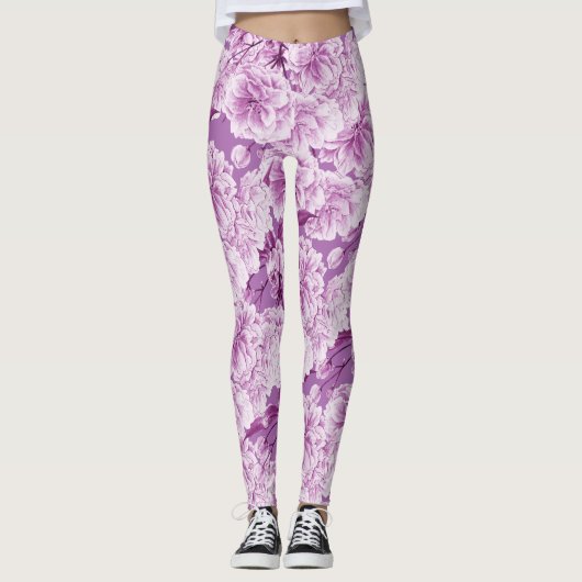 Paarse dubbele bloesem bloem leggings (Voorkant)