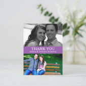 Paarse Dubbele Foto Dank u Wedding Post Kaarten (Staand voorkant)