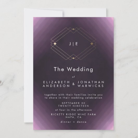 Paarse dubbele monogram Geometric Gold Wedding Kaart (Voorkant)
