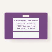 Paarse dubbelzijdige k-12-schoolleraar identiteits badge (Achterkant)