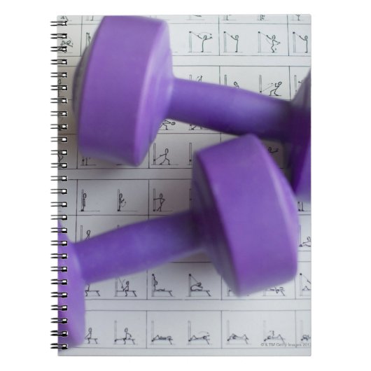 Paarse dumbbels. notitieboek (Voorkant)