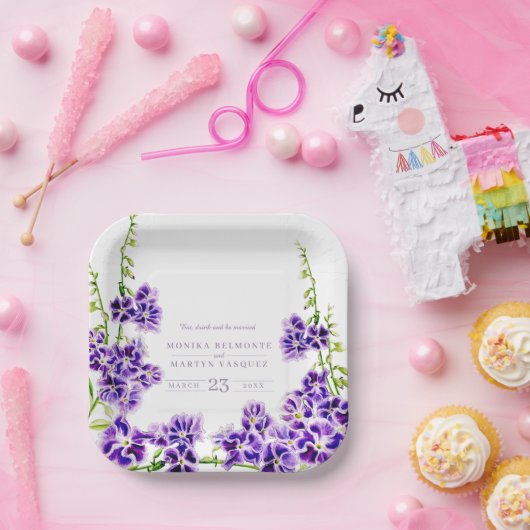 Paarse duranta waterverf bloembruiloft papieren bordje (Feest)