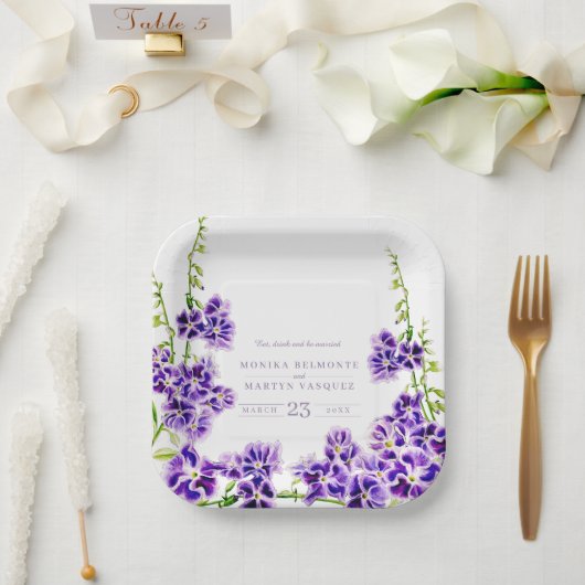 Paarse duranta waterverf bloembruiloft papieren bordje (Huwelijk)