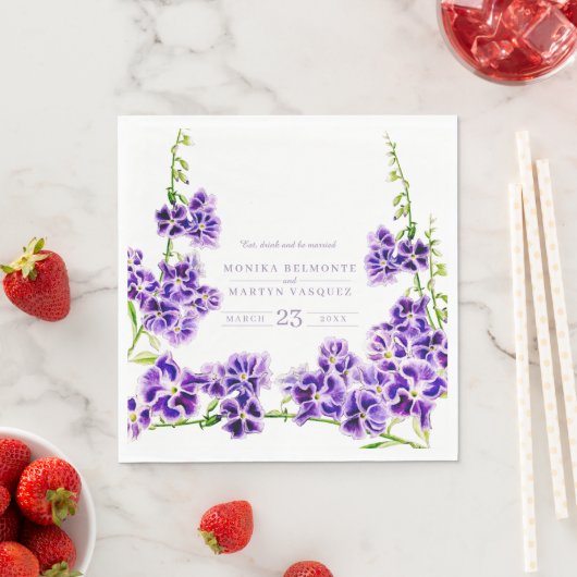 Paarse duranta waterverf bloembruiloft servet (Insitu)