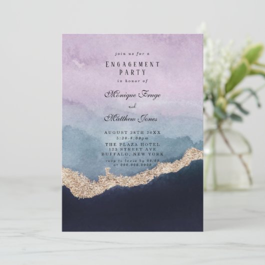 Paarse Dusty Blue Agate Gold Engagement Party Kaart (Staand voorkant)