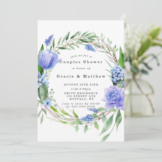 Paarse Dusty Blue Hyacinth Couples Shower Invites (Staand voorkant)