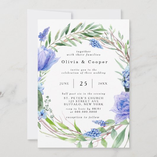 Paarse Dusty Blue Hyacinth Peony Wreath Wedding Kaart (Voorkant)
