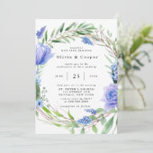 Paarse Dusty Blue Hyacinth Peony Wreath Wedding Kaart (Staand voorkant)