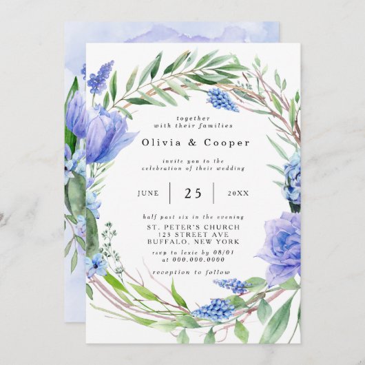 Paarse Dusty Blue Hyacinth Peony Wreath Wedding Kaart (Voorkant / Achterkant)