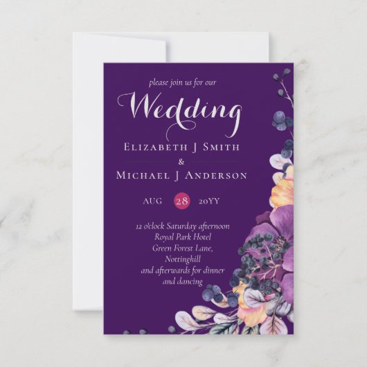 Paarse Dynasty Dark Floral Budget Wedding Invites (Voorkant)