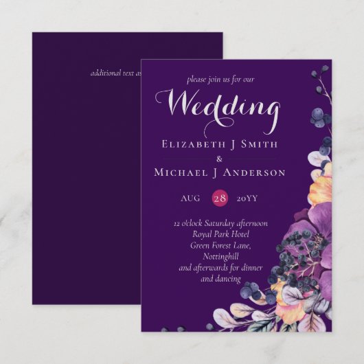 Paarse Dynasty Dark Floral Budget Wedding Invites (Voorkant / Achterkant)