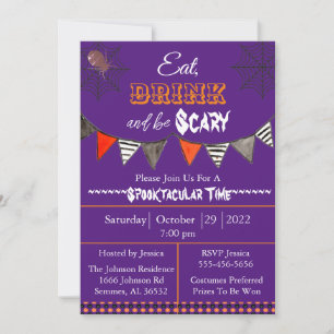 Paarse Eat Drink en eng Halloween Party Kaart