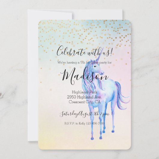 Paarse Eenhoorn Aqua Roze Geel Goud Confetti Kaart (Voorkant)