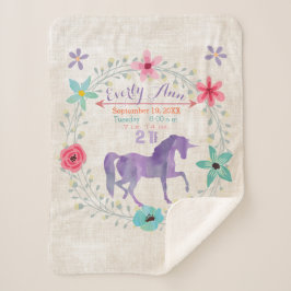 Paarse Eenhoorn Baby Meisje Stats Waterverf Krans Sherpa Deken