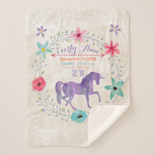 Paarse Eenhoorn Baby Meisje Stats Waterverf Krans Sherpa Deken (Voorkant)