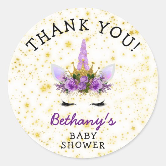 Paarse Eenhoorn Baby shower gunst Ronde Sticker (Voorkant)