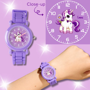 Paarse Eenhoorn Daisy Flower Girls Horloge