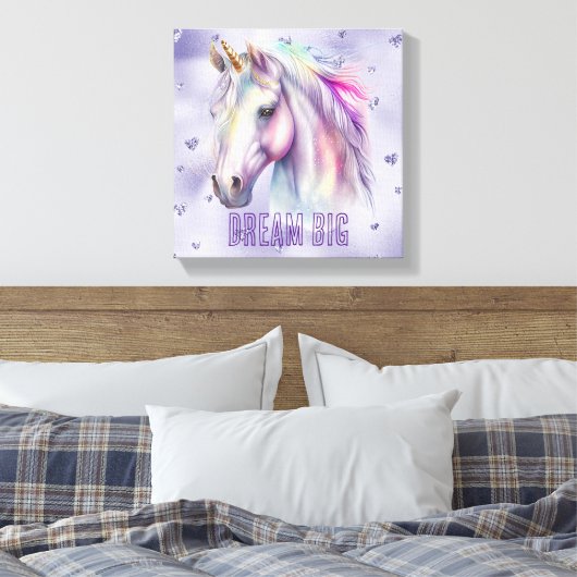 Paarse eenhoorn droom glitter harten canvas afdruk (Insitu (Slaapkamer))