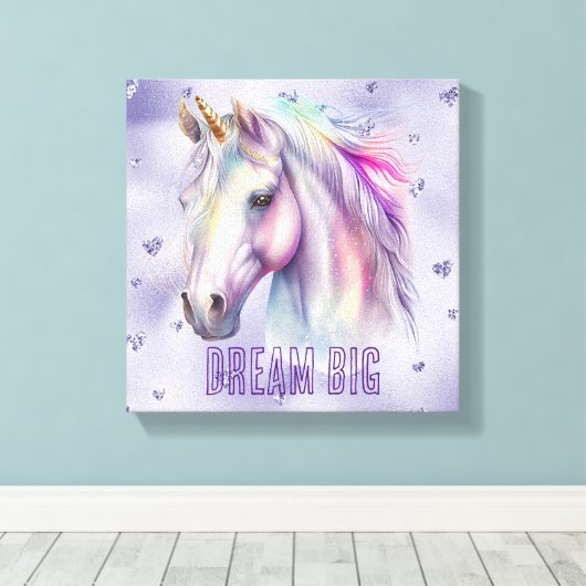 Paarse eenhoorn droom glitter harten canvas afdruk (Insitu (Houten vloer))