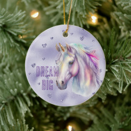 Paarse eenhoorn droom glitter harten keramisch ornament