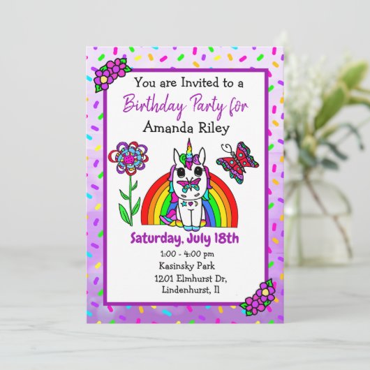  Paarse Eenhoorn en de Verjaardag van het Regenboo Kaart (Staand voorkant)