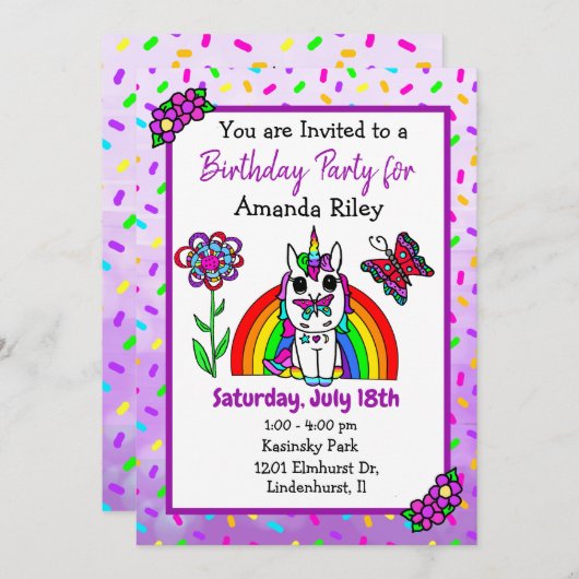  Paarse Eenhoorn en de Verjaardag van het Regenboo Kaart (Voorkant / Achterkant)
