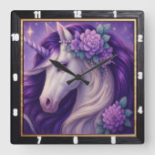 Paarse Eenhoorn Floral Fantasy Vierkante Klok (Voorkant)