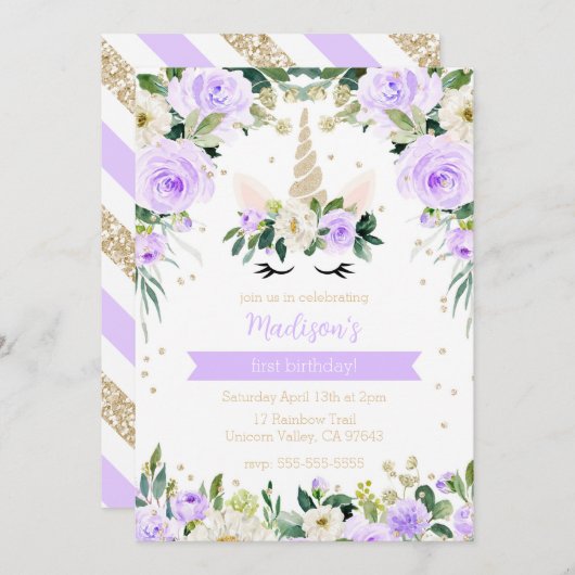 Paarse Eenhoorn Girly Verjaardag Kaart (Voorkant / Achterkant)