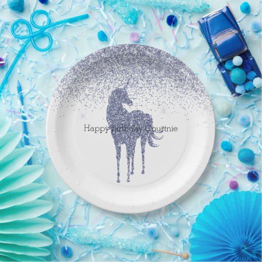 Paarse Eenhoorn Glitter gepersonaliseerd Papieren Bordje (Feest)