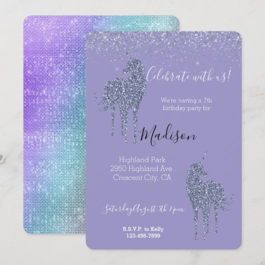 Paarse Eenhoorn Glitter Kaart (Voorkant / Achterkant)