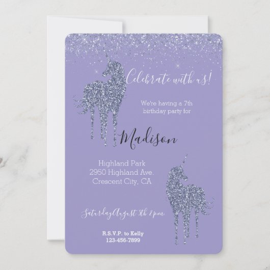 Paarse Eenhoorn Glitter Kaart (Voorkant)