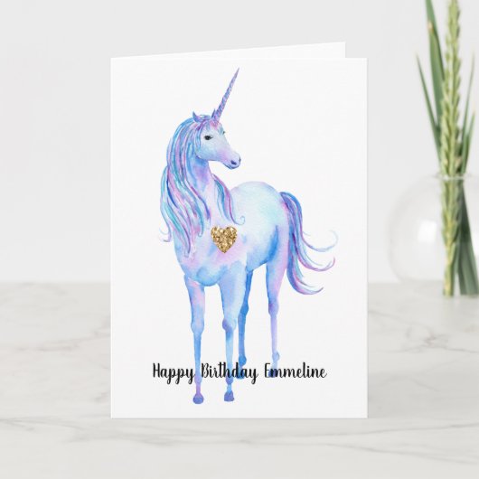 Paarse eenhoorn gouden glitter hart gepersonalisee kaart (Voorkant)