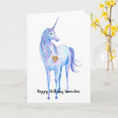 Paarse eenhoorn gouden glitter hart gepersonalisee kaart (Gele Bloem)