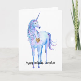 Paarse eenhoorn gouden glitter hart gepersonalisee kaart