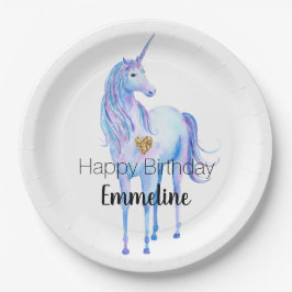 Paarse eenhoorn gouden glitter hart gepersonalisee papieren bordje