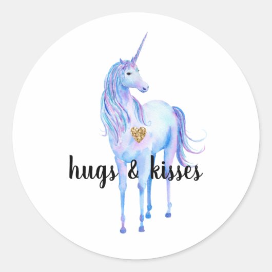 Paarse eenhoorn gouden glitter hart gepersonalisee ronde sticker (Voorkant)