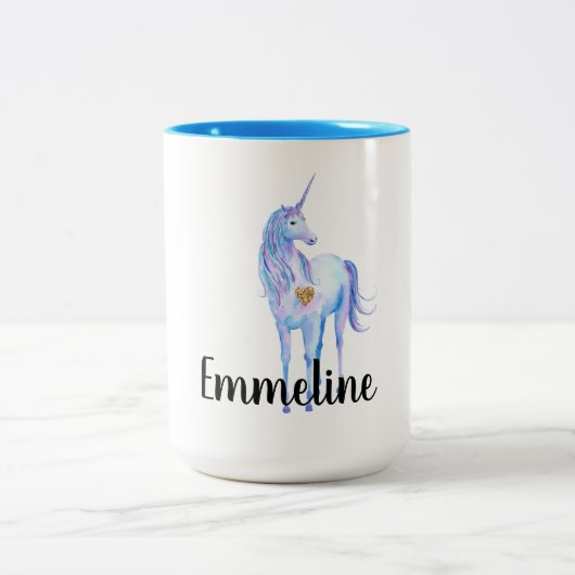 Paarse eenhoorn gouden glitter hart gepersonalisee tweekleurige koffiemok (Center)