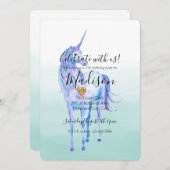 Paarse Eenhoorn Gouden Glitter Hart Munt Waterverf Kaart (Voorkant / Achterkant)