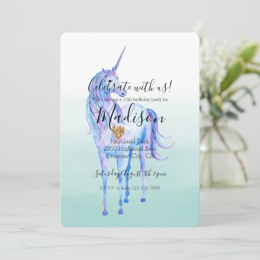 Paarse Eenhoorn Gouden Glitter Hart Munt Waterverf Kaart (Staand voorkant)