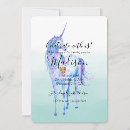 Paarse Eenhoorn Gouden Glitter Hart Munt Waterverf Kaart