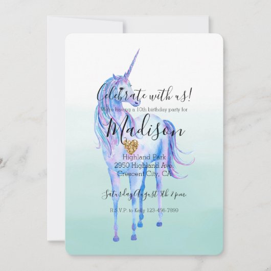 Paarse Eenhoorn Gouden Glitter Hart Munt Waterverf Kaart (Voorkant)