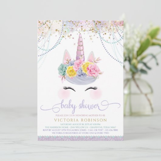 Paarse Eenhoorn Meisje Baby shower Kaart (Staand voorkant)