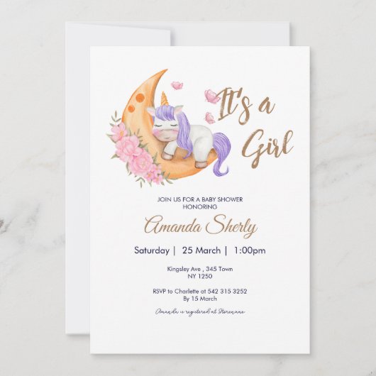 Paarse Eenhoorn op Maan Baby shower Uitnodiging (Voorkant)