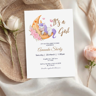 Paarse Eenhoorn op Maan Baby shower Uitnodiging
