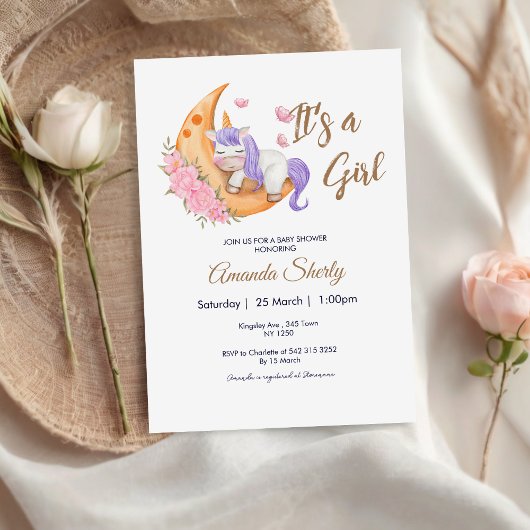 Paarse Eenhoorn op Maan Baby shower Uitnodiging