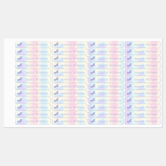 Paarse eenhoorn pastel regenboog kinder waterdicht labels (Vel)