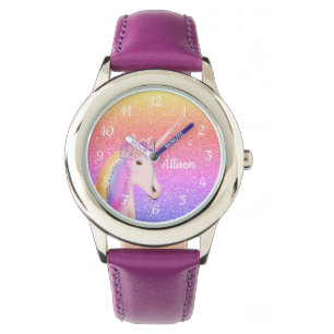 Paarse eenhoorn regenboog glitter gepersonaliseerd horloge