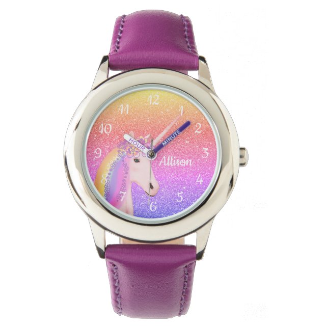 Paarse eenhoorn regenboog glitter gepersonaliseerd horloge (Voorkant)